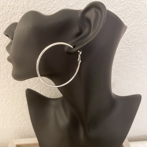925 Sterling Silver Hoop Earrings Large Thin Silver Hoops Modern Earrings - Picture 5 of 6